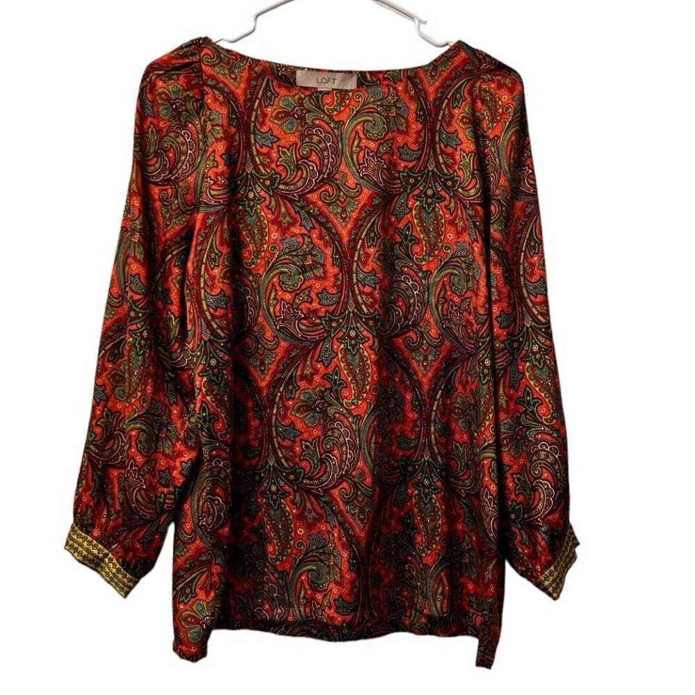 LOFT Blouse Womens XS Red Paisley Long Sleeve Pullover Top Cottagecore City